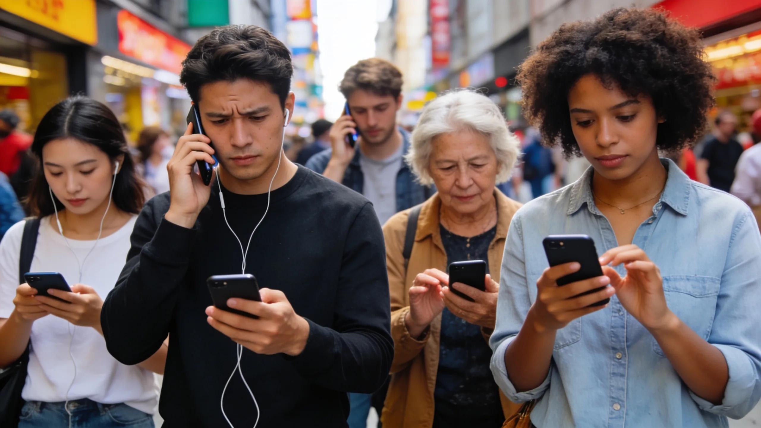 People using smartphones and experiencing common phone problems in a crowded urban setting.