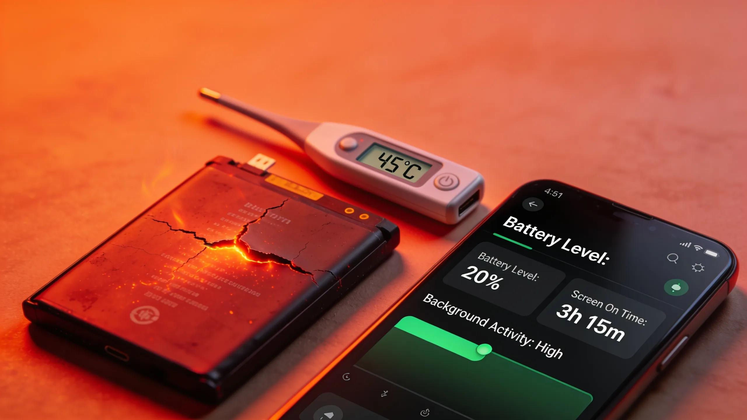 Damaged smartphone battery and thermometer illustrating overheating and rapid battery drain issues.