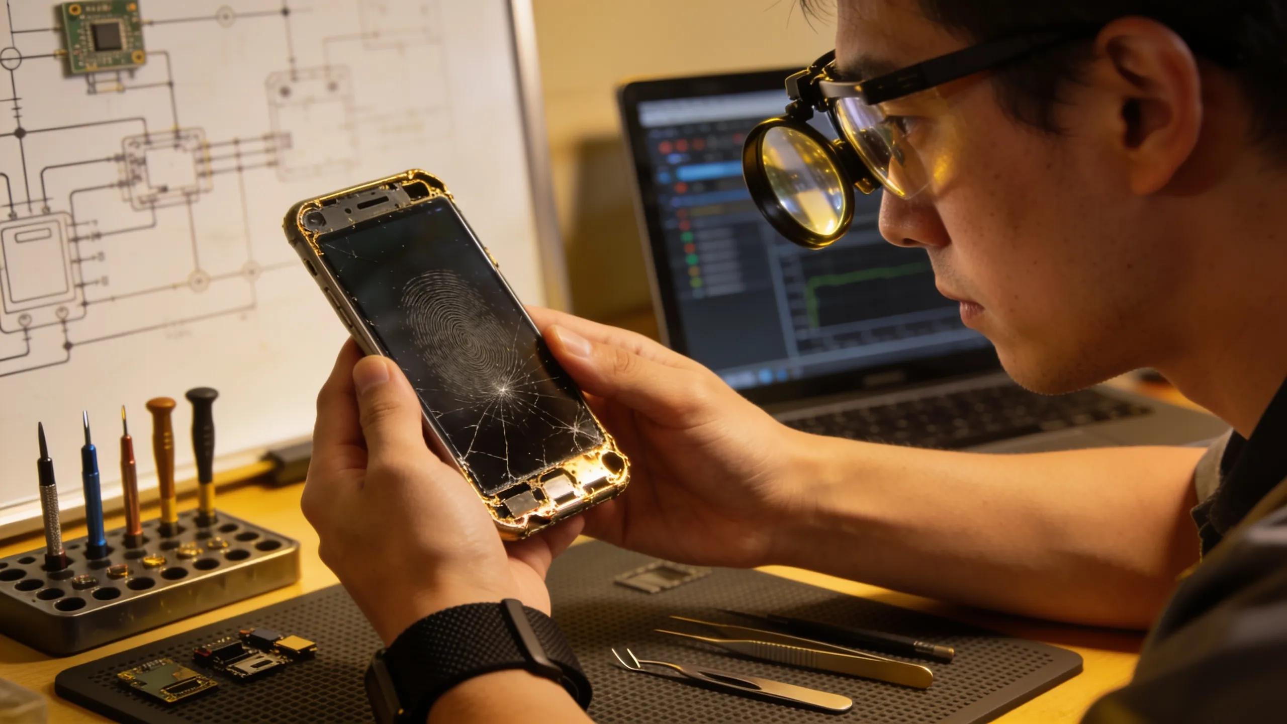 Technician repairing damaged smartphone with logic board and micro-soldering tools, Phone Repair Nerds Humble TX.