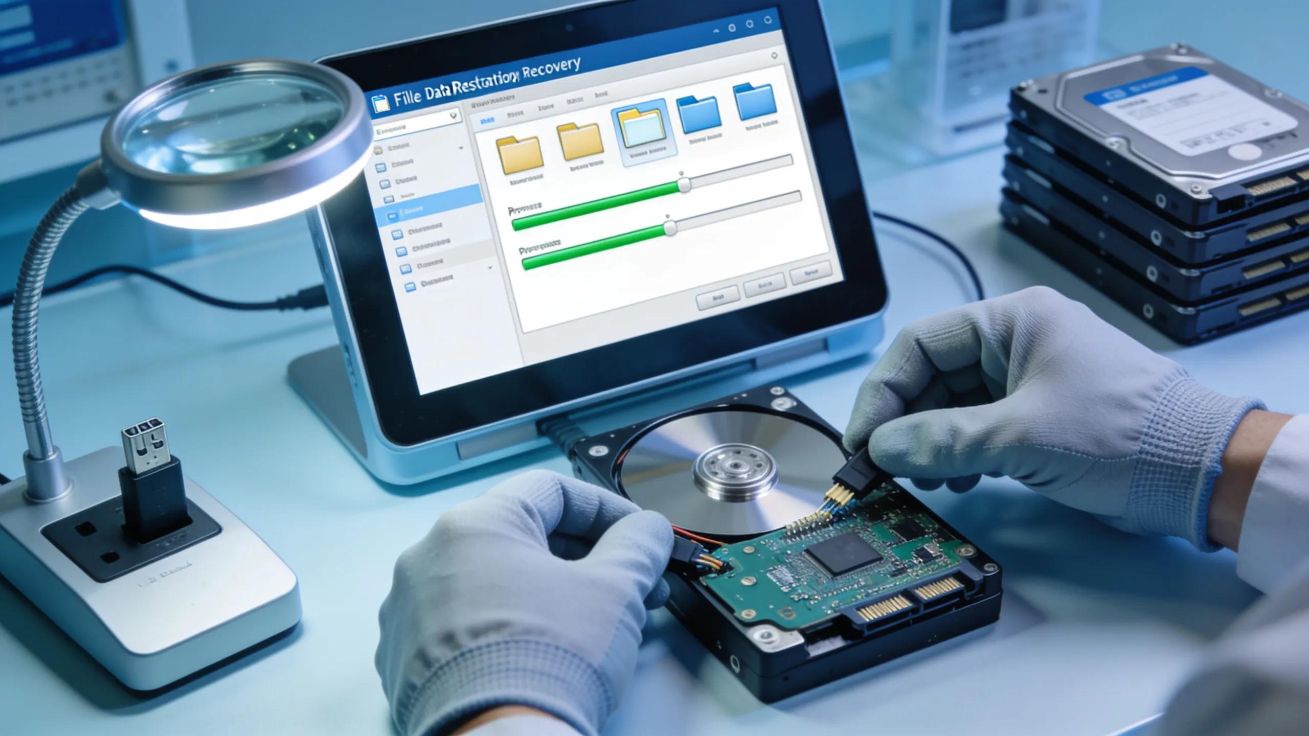 Data recovery process with hard drives and software restoration.