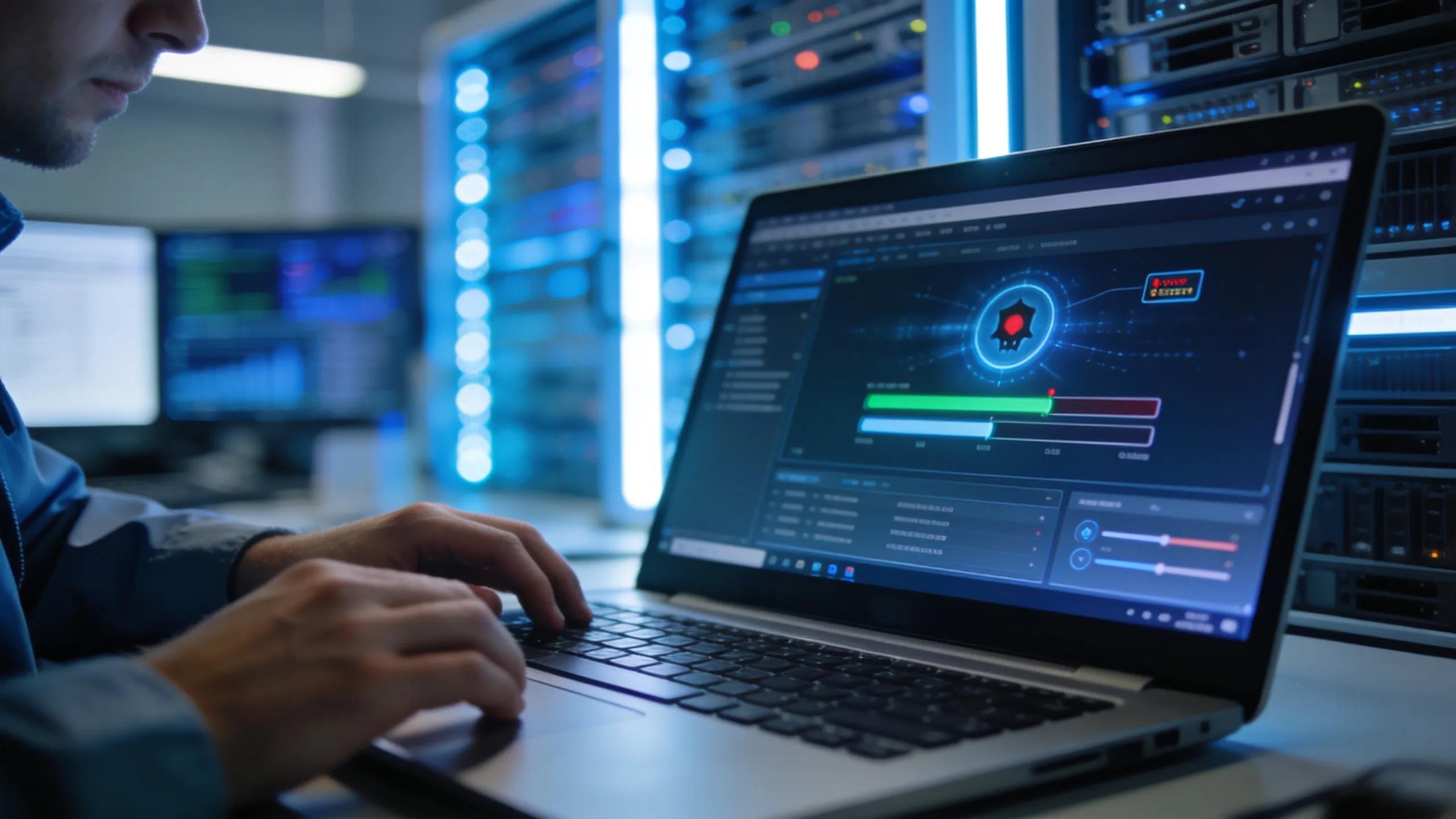 Technician analyzing malware scan results on laptop in server room, supporting virus removal services.