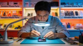 iPhone technician repairing device in a professional workspace