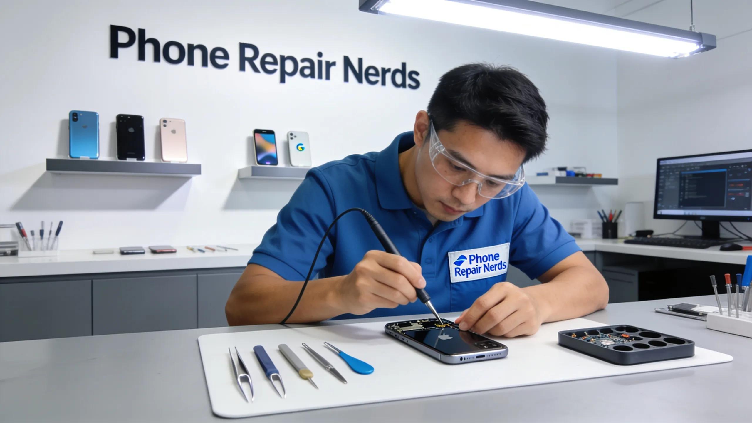 Phone Repair Nerds technician repairing iPhone screen in Humble, TX storefront.
