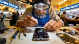 iPhone screen repair technician working on a damaged device in a professional setting