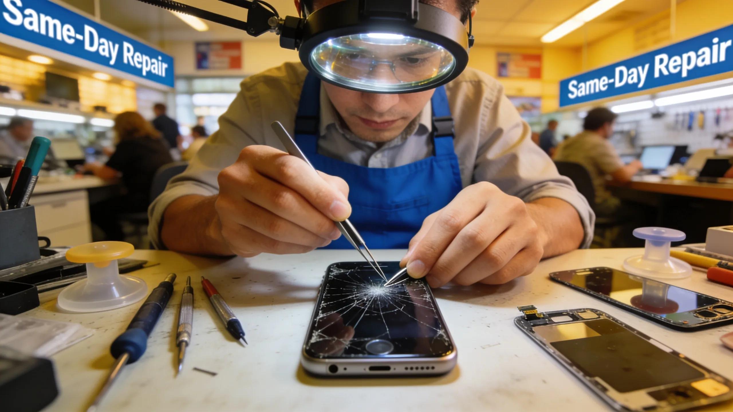 Phone Repair Nerds technician repairing cracked iPhone screen, same-day repair service in Humble, TX.