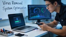Professional laptop and technician representing virus removal services in a clean, modern workspace