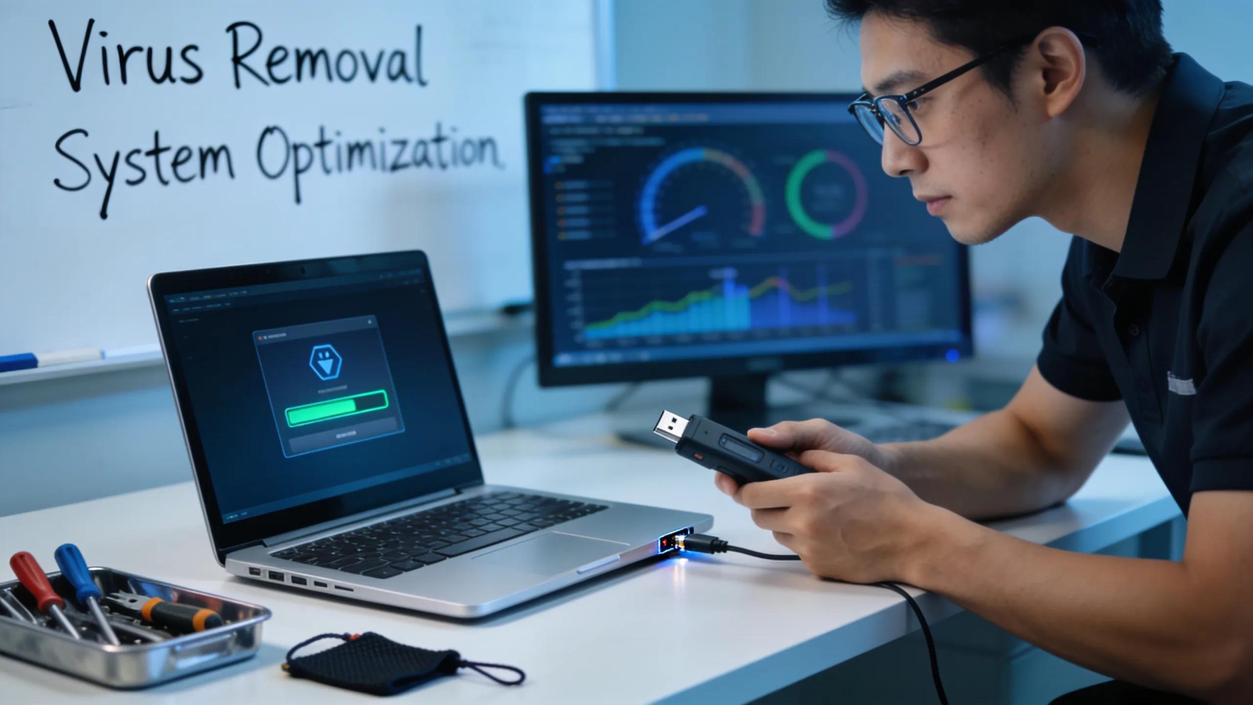 Tech professional performing laptop virus removal and system optimization in Humble, TX.