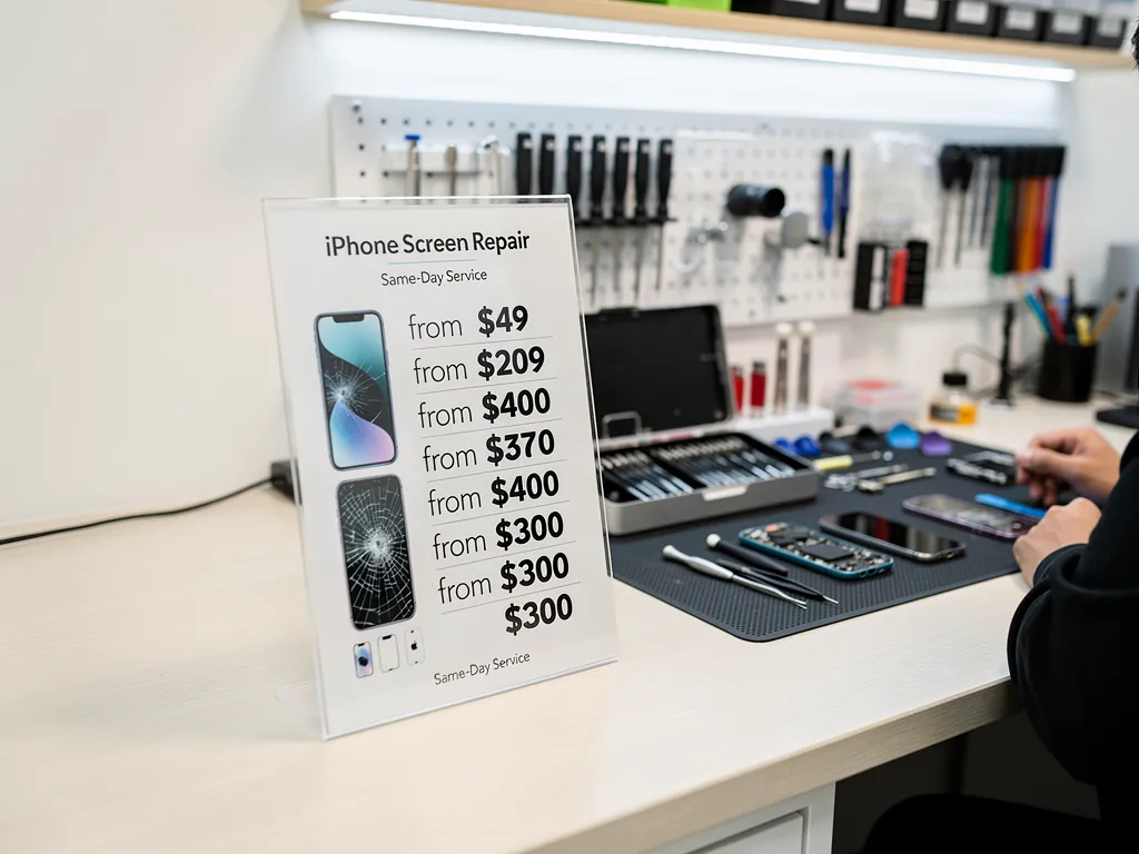 iPhone screen repair pricing sign and tools at Phone Repair Nerds in Humble, TX.