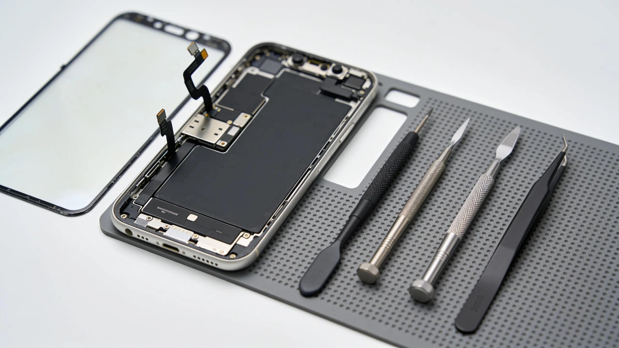 Close-up of smartphone screens and repair tools on a workbench for professional screen replacements