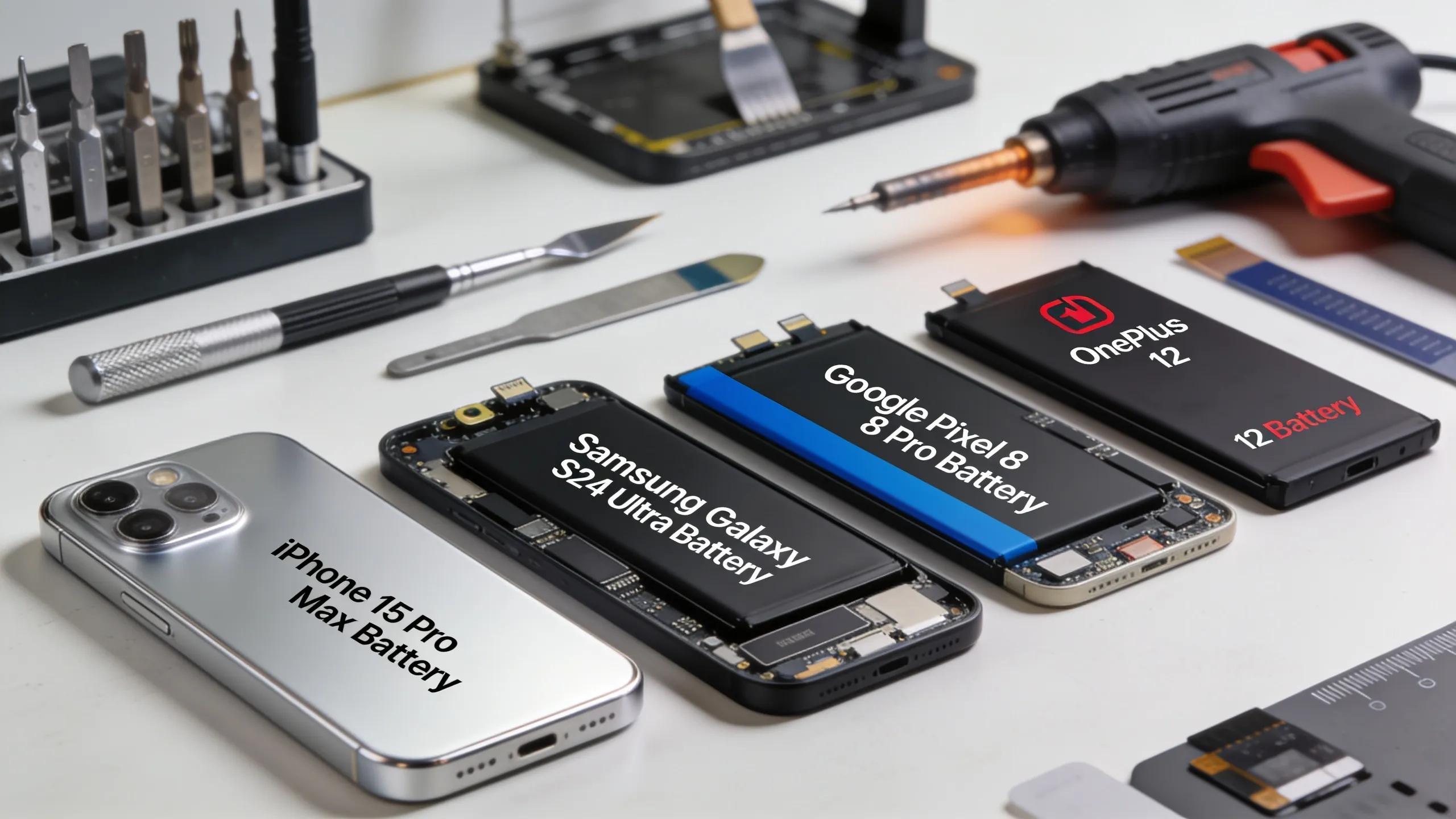 Assorted smartphone batteries suitable for replacement with tools in a repair shop setting
