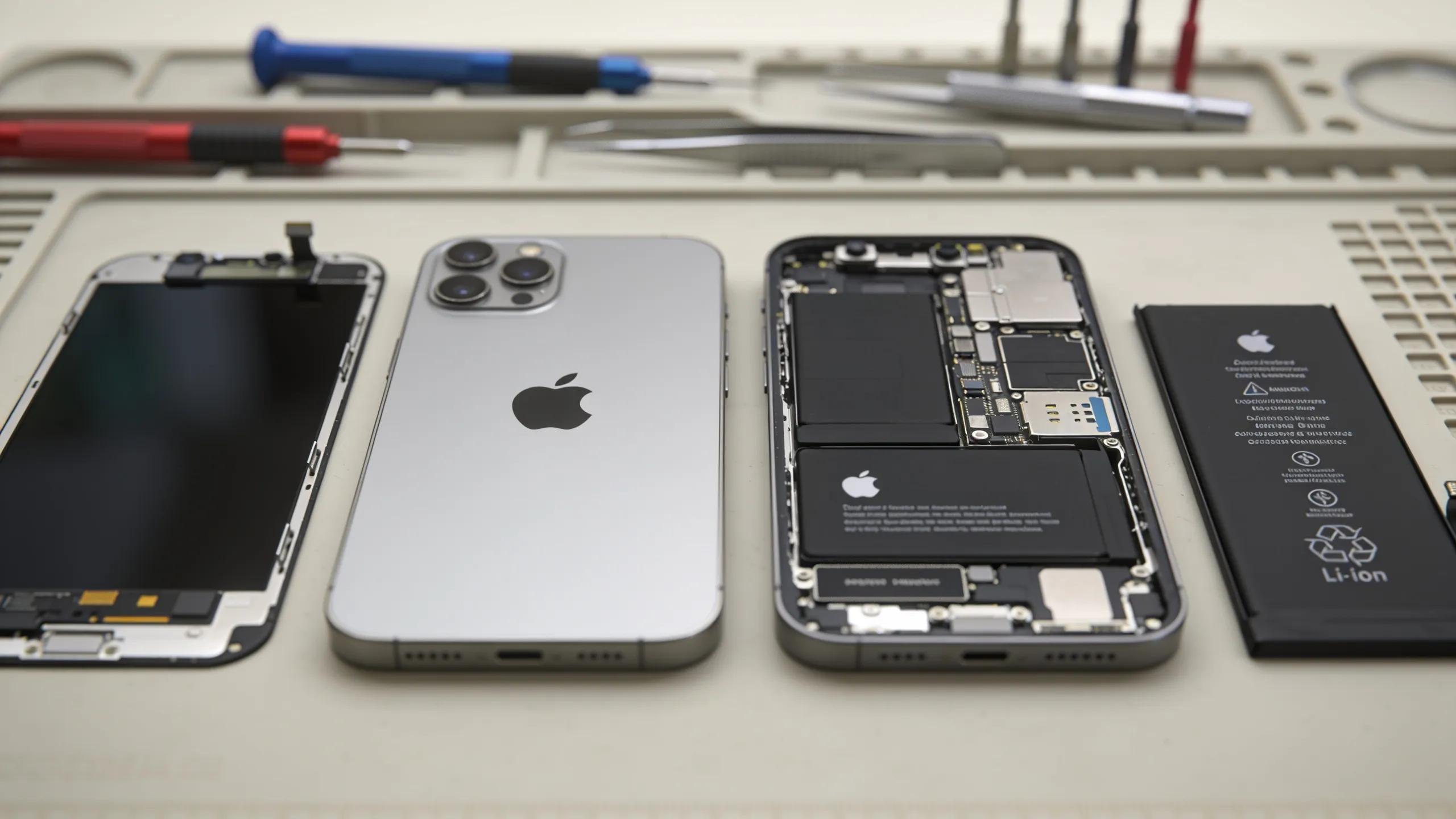Genuine Apple components for device restoration displayed on a repair table