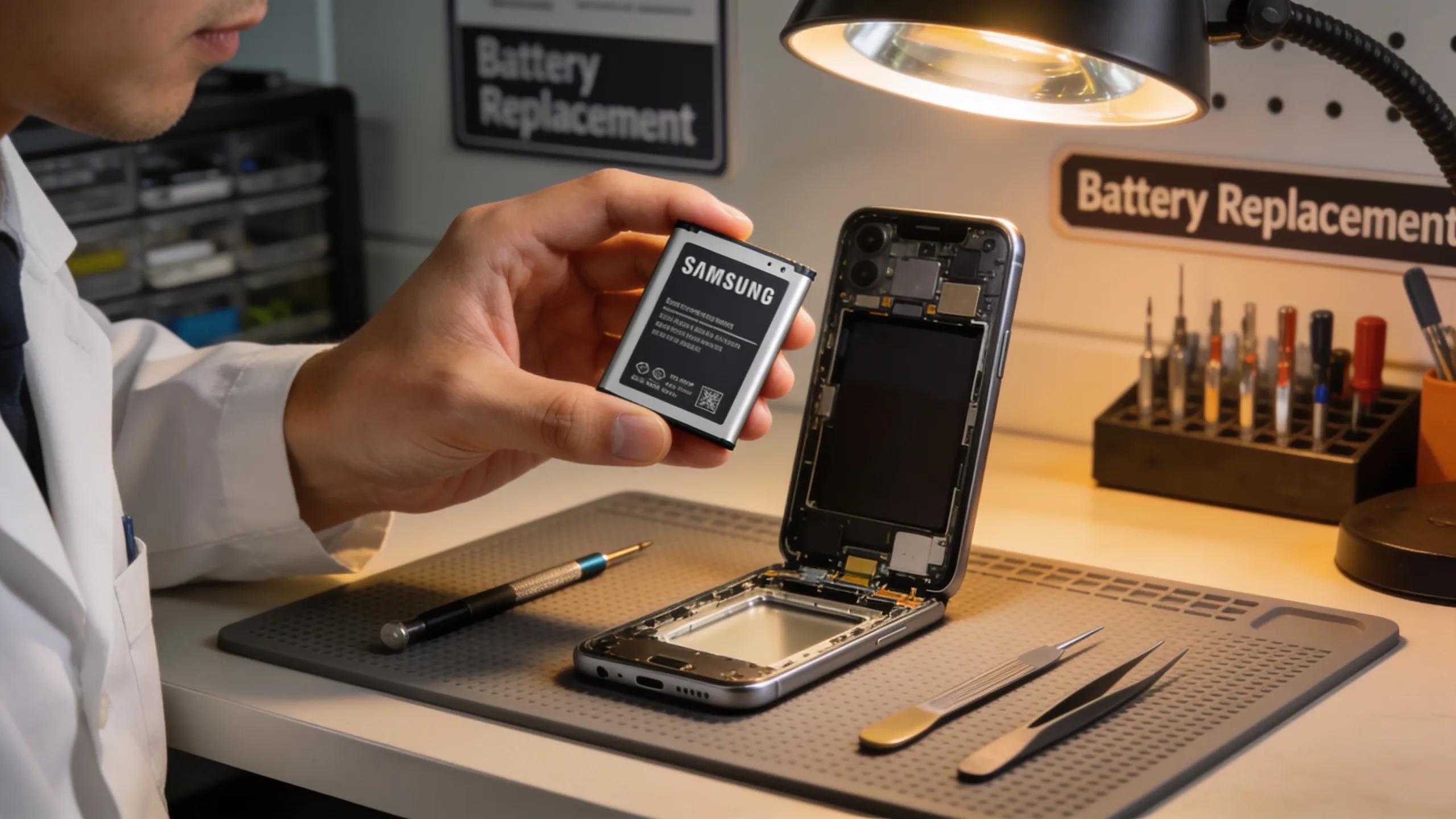 Technician replacing a battery in a Samsung Galaxy smartphone highlighting repair options