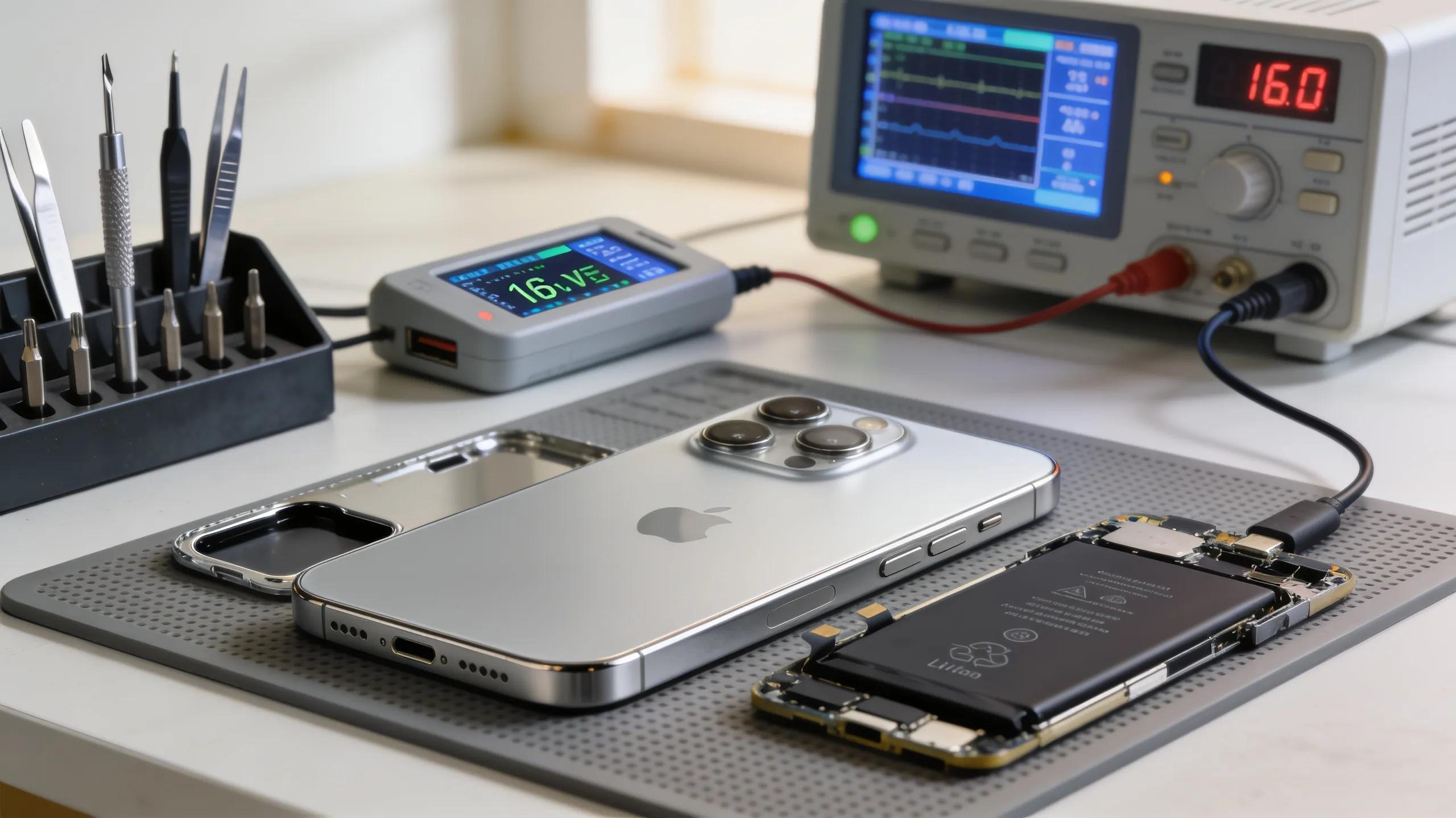iPhone repair tools and diagnostic equipment at a repair station