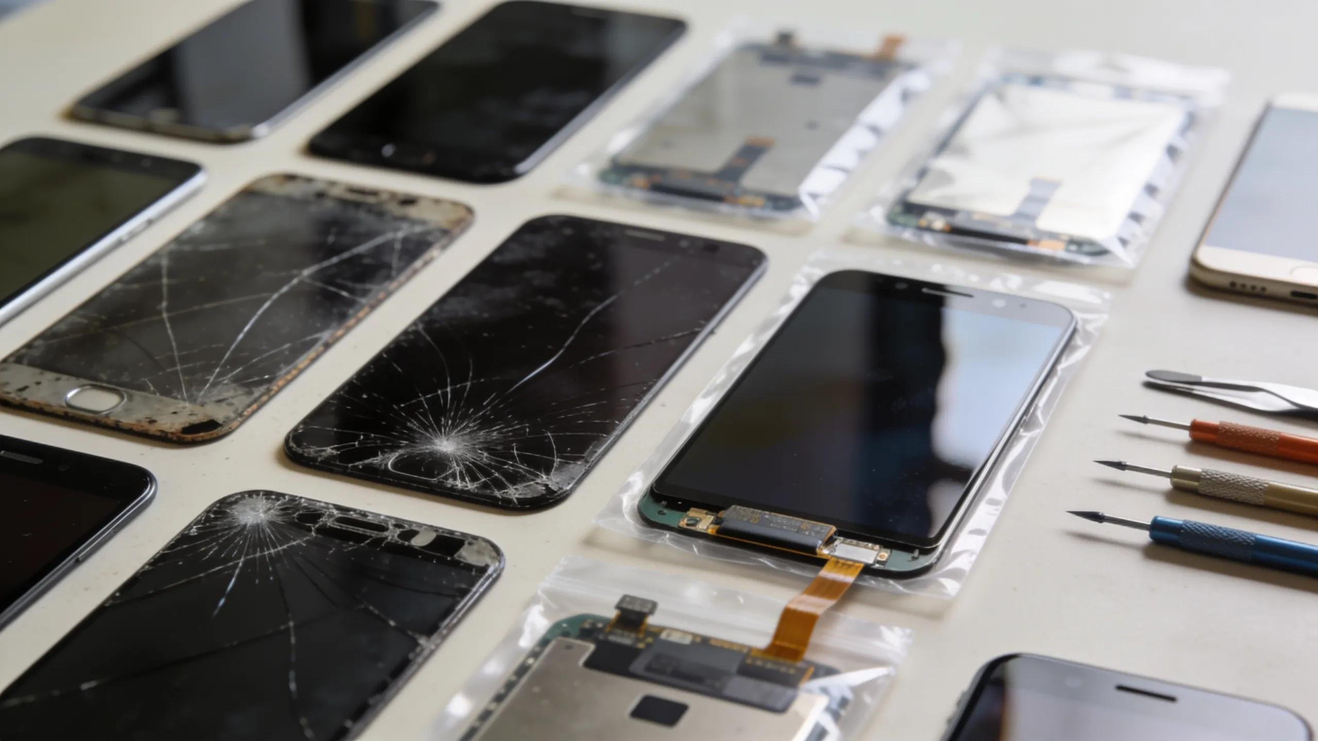 Smartphone screens on a repair table, illustrating quick same-day screen repair options.