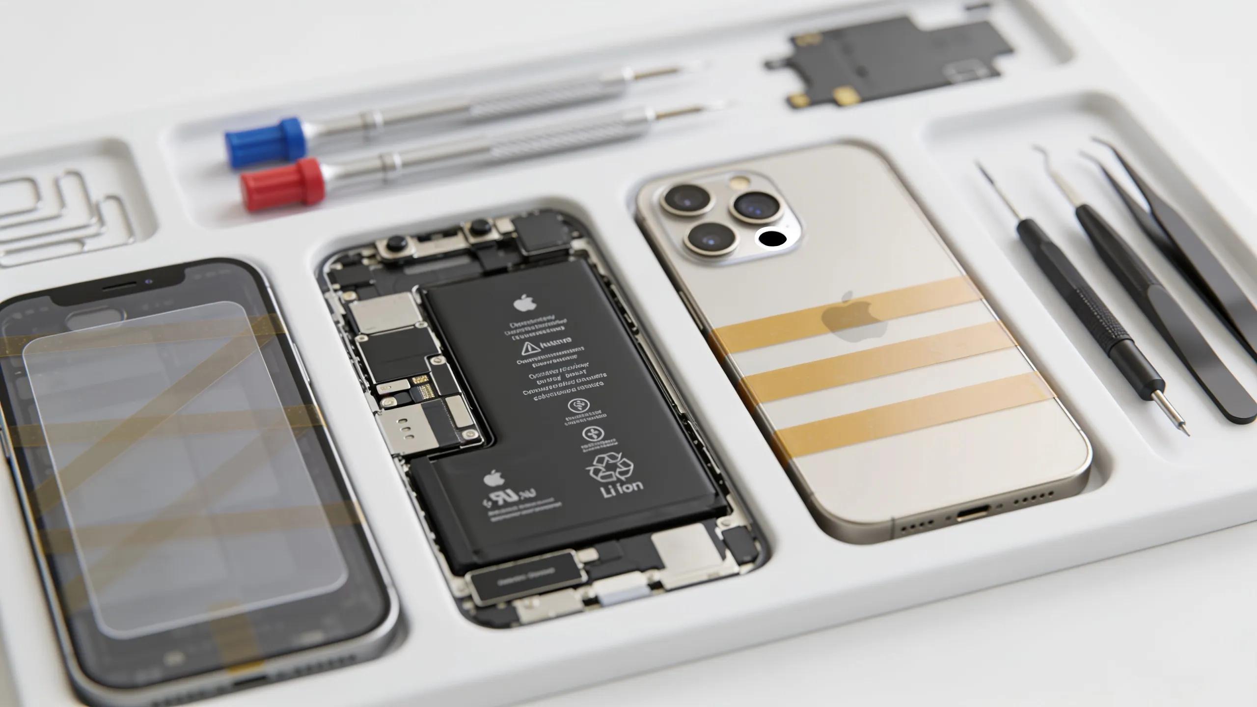 Organized iPhone components for repairs illustrating pricing and services