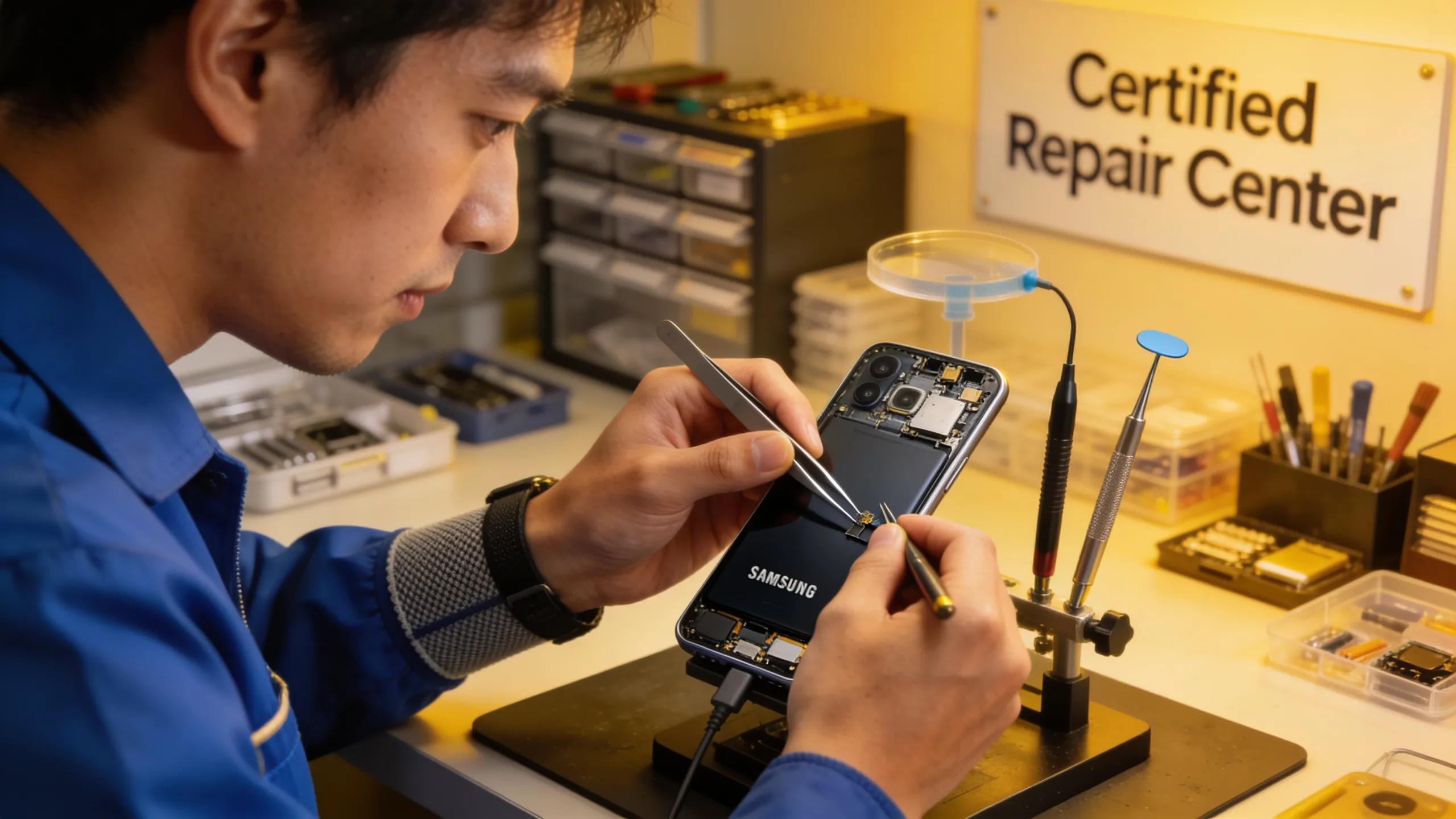 Certified technician repairing a Samsung Galaxy highlighting service quality in a clean workshop