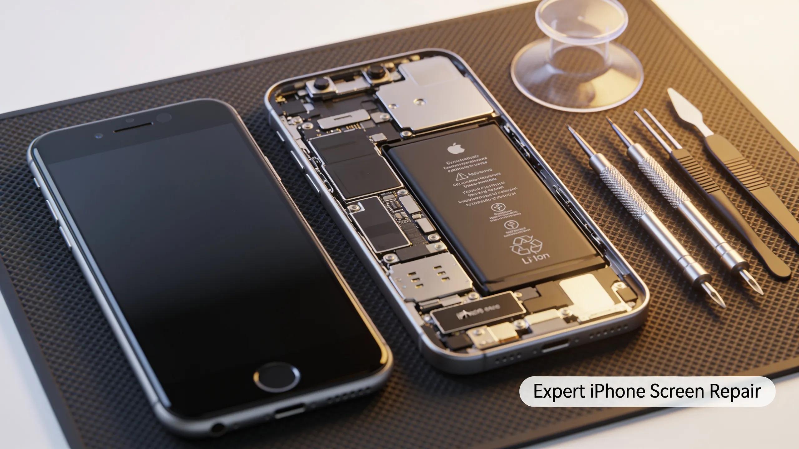 iPhone with screen removed showing components for quick replacement process
