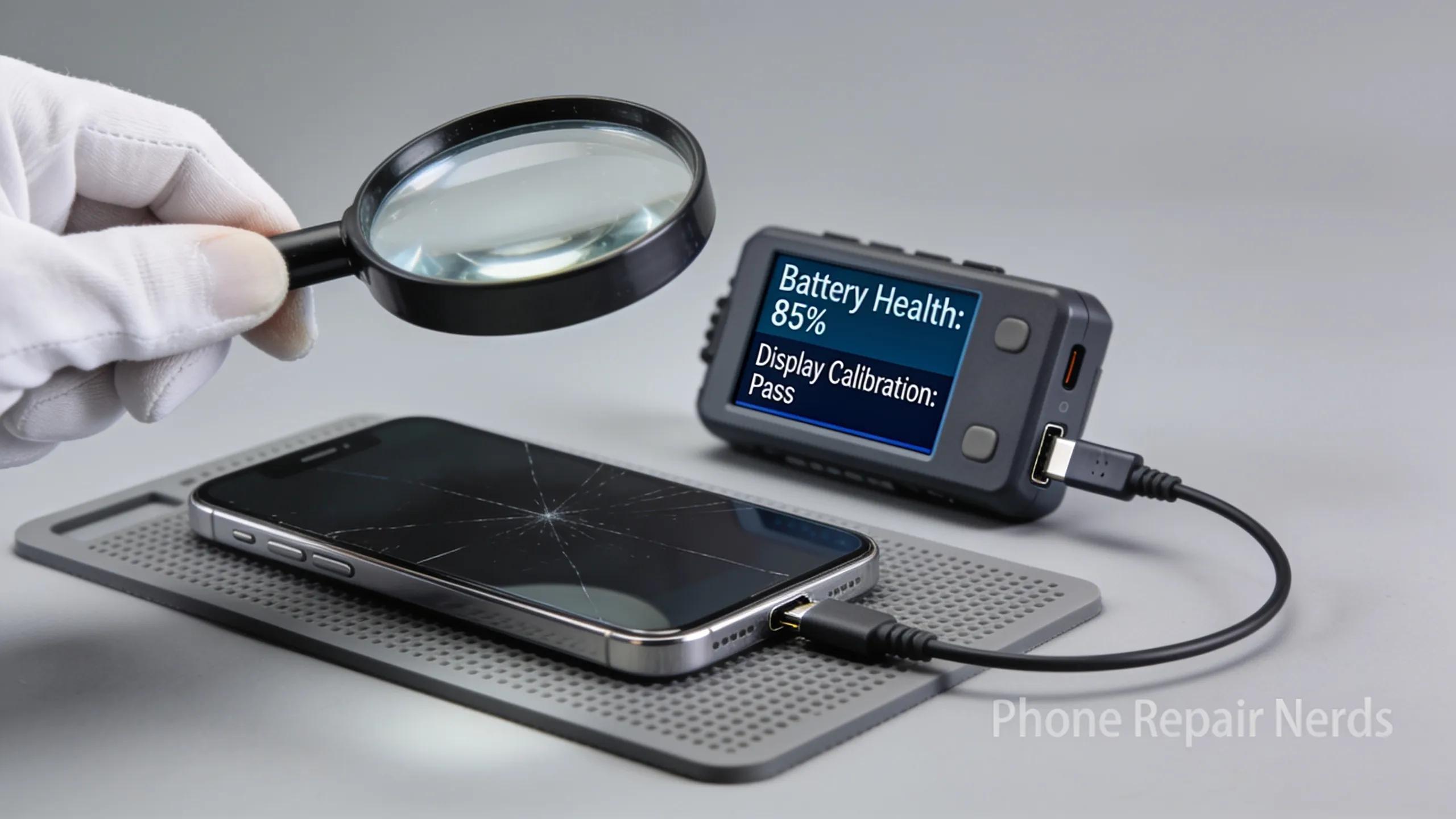 Smartphone assessment for trade-in value, showcasing inspection tools and quality evaluation