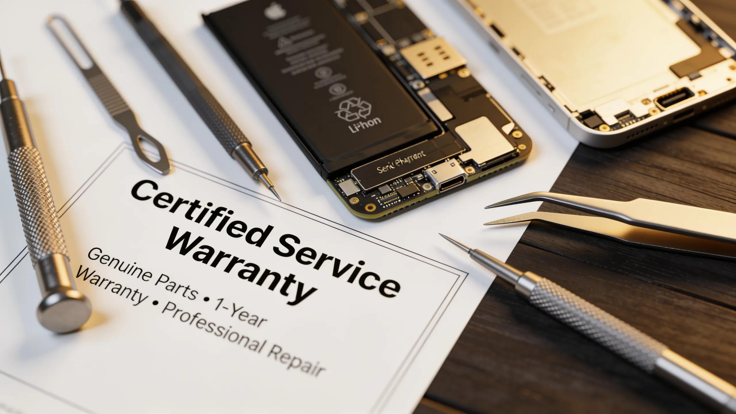 Certified repair tools and Apple parts alongside a warranty certificate illustrating benefits of certified services