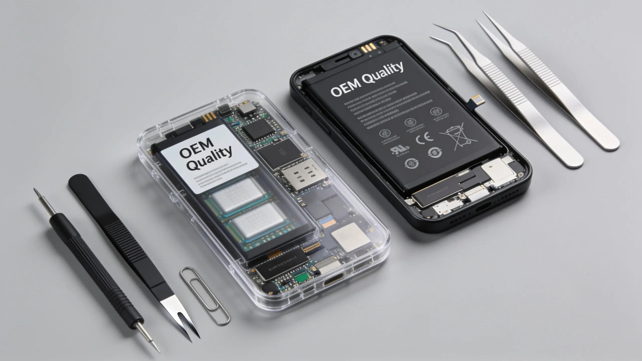 OEM smartphone batteries and tools illustrating quality in battery replacement services