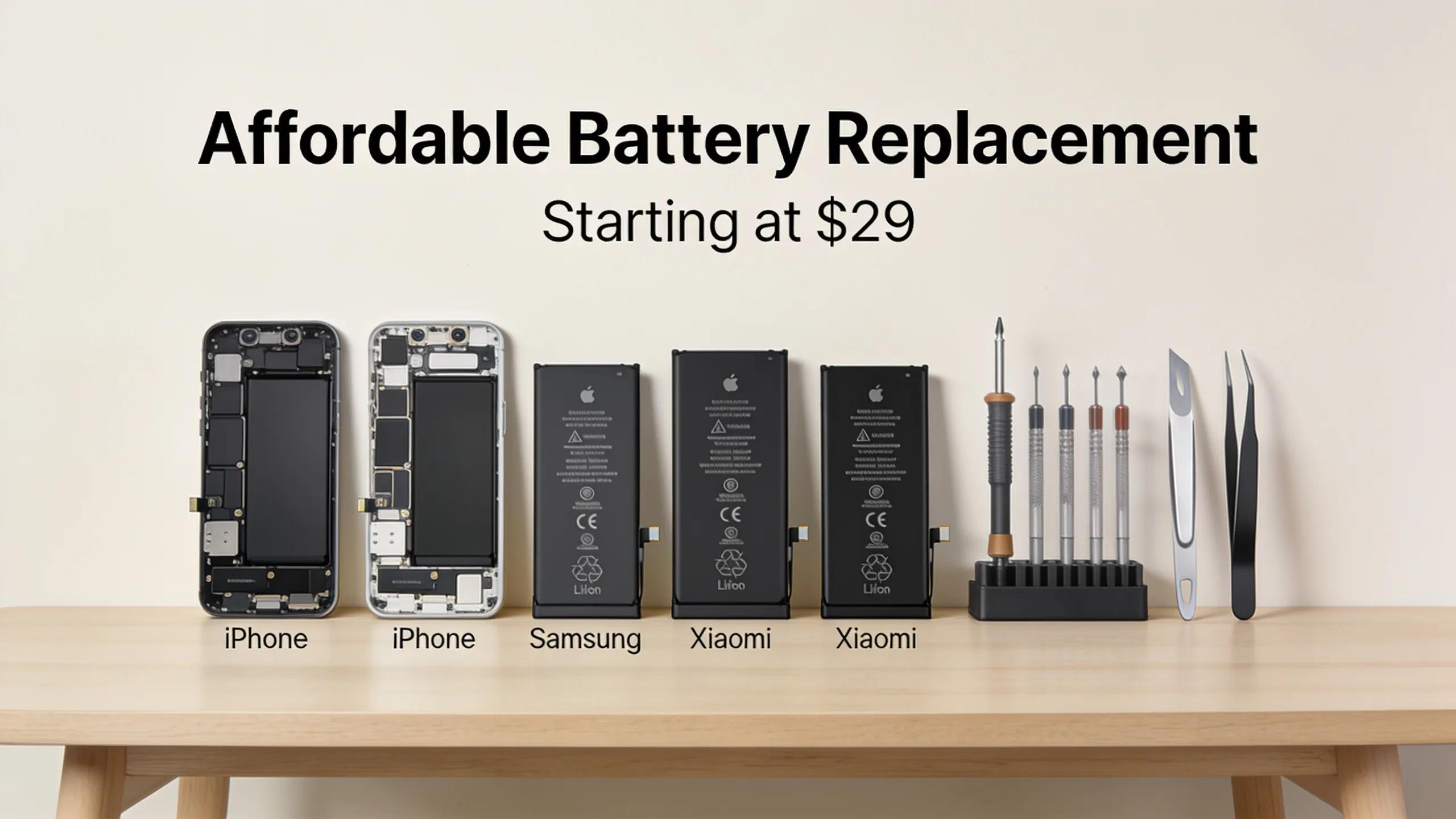Various smartphone batteries and repair tools arranged neatly on a repair table for battery replacement