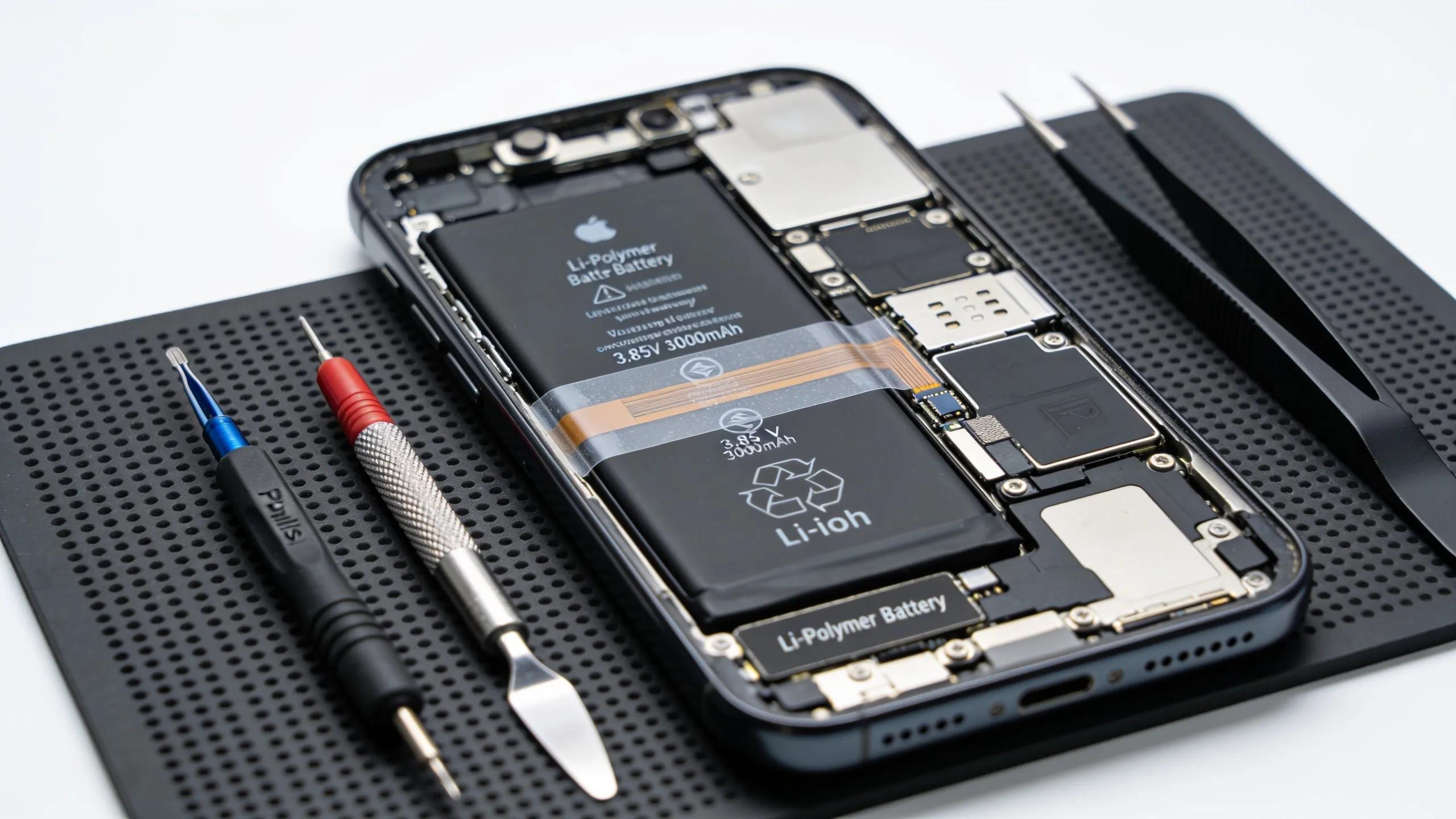 Smartphone battery replacement process featuring battery components and repair tools