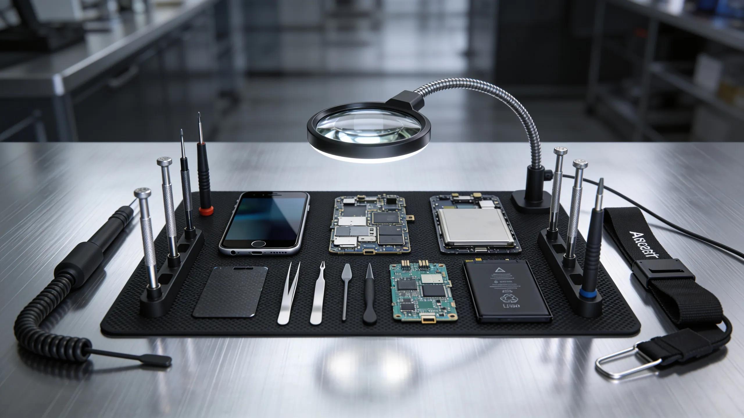 High-quality phone repair components and tools indicating express service turnaround times.