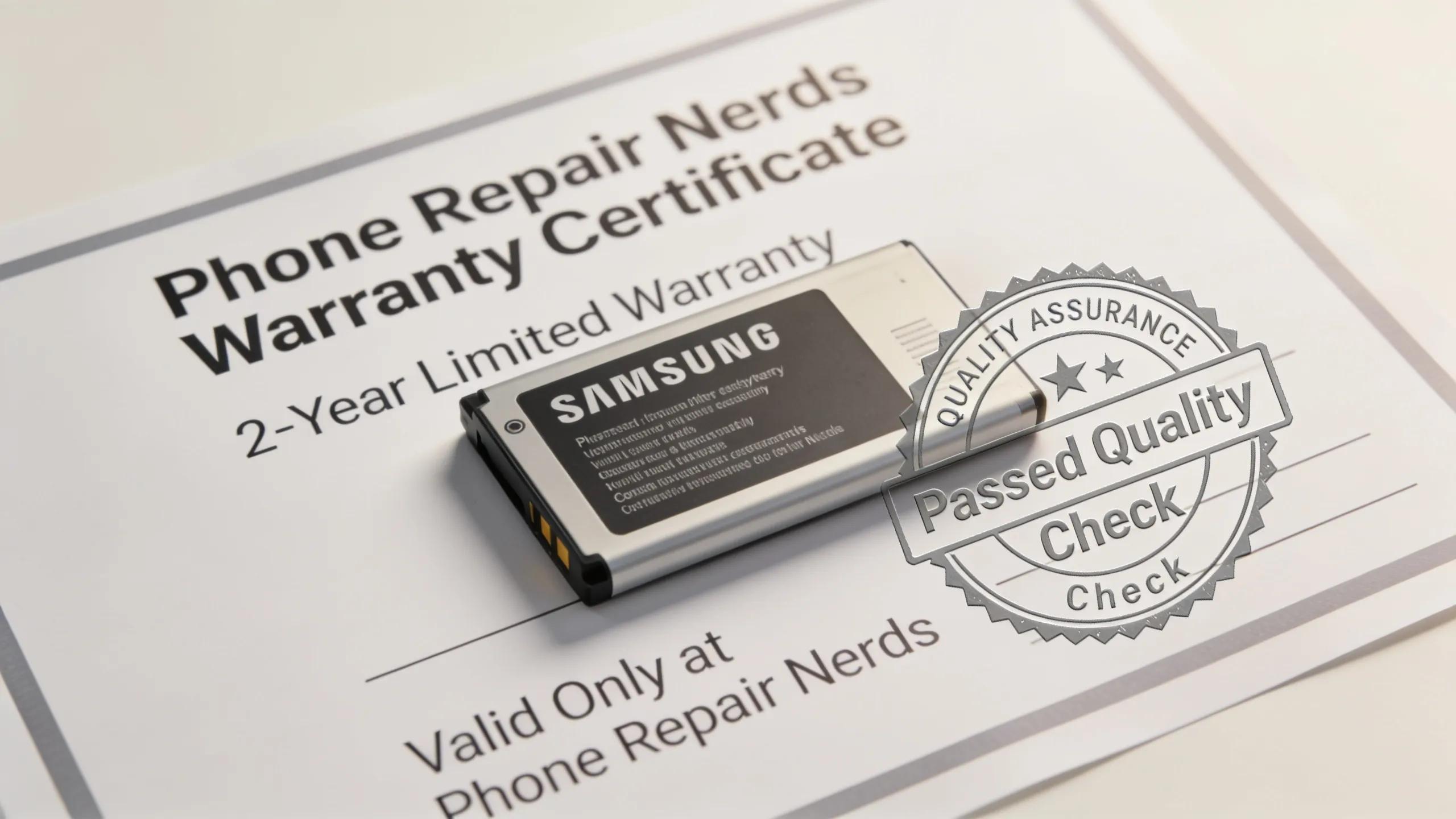 Samsung Galaxy battery with warranty document and quality assurance seal representing service trust