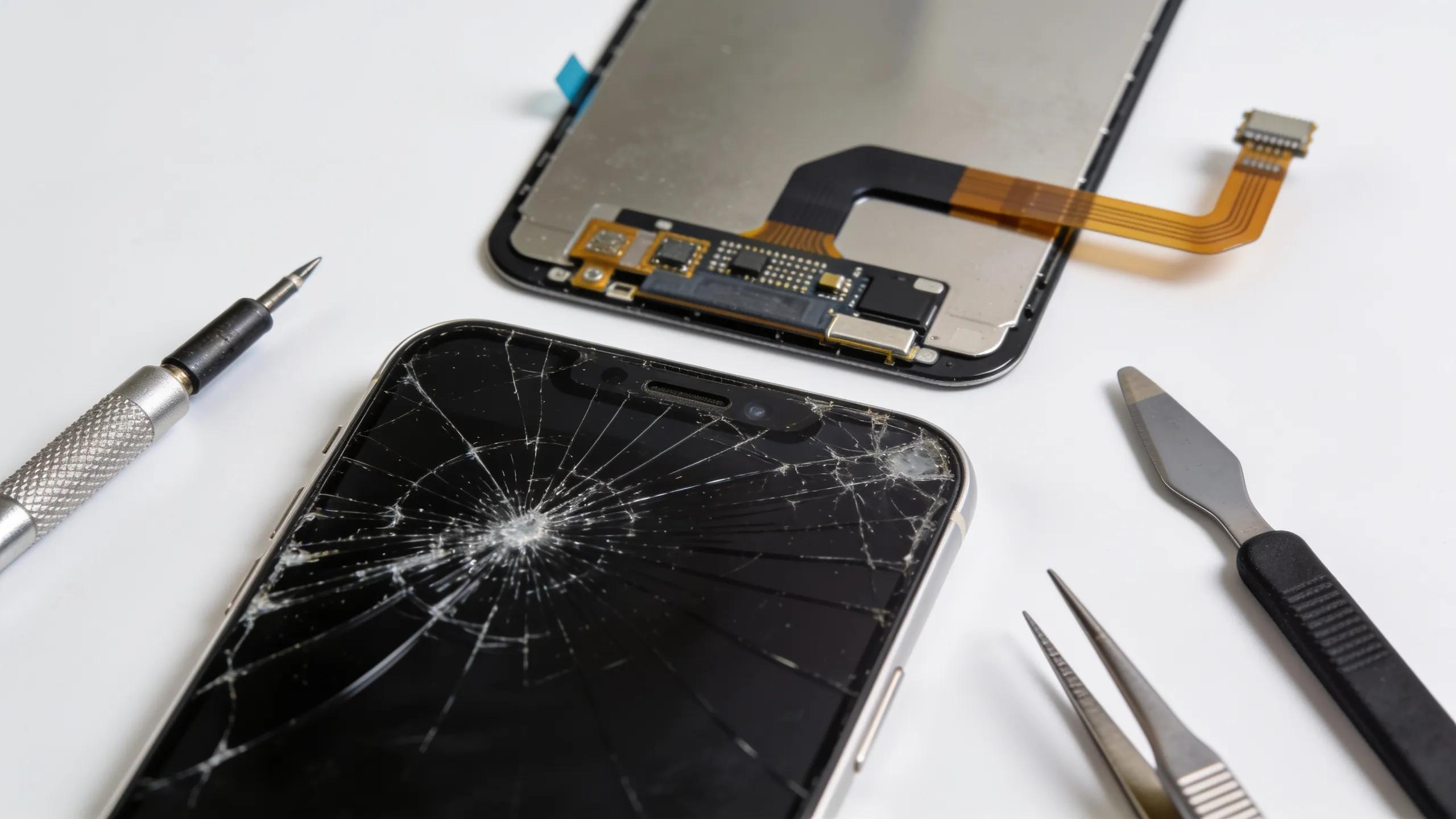 Close-up of smartphone screen replacement process highlighting tools and new components