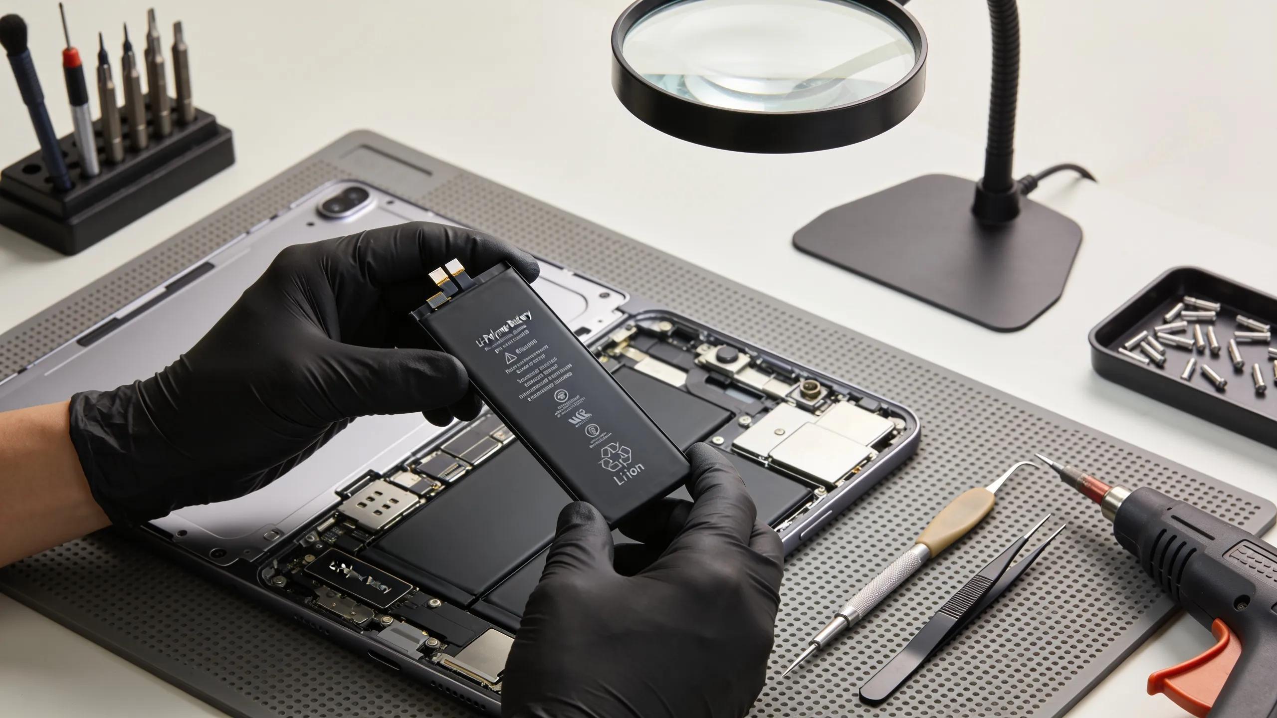 Tablet with a new battery being installed, surrounded by repair tools and components