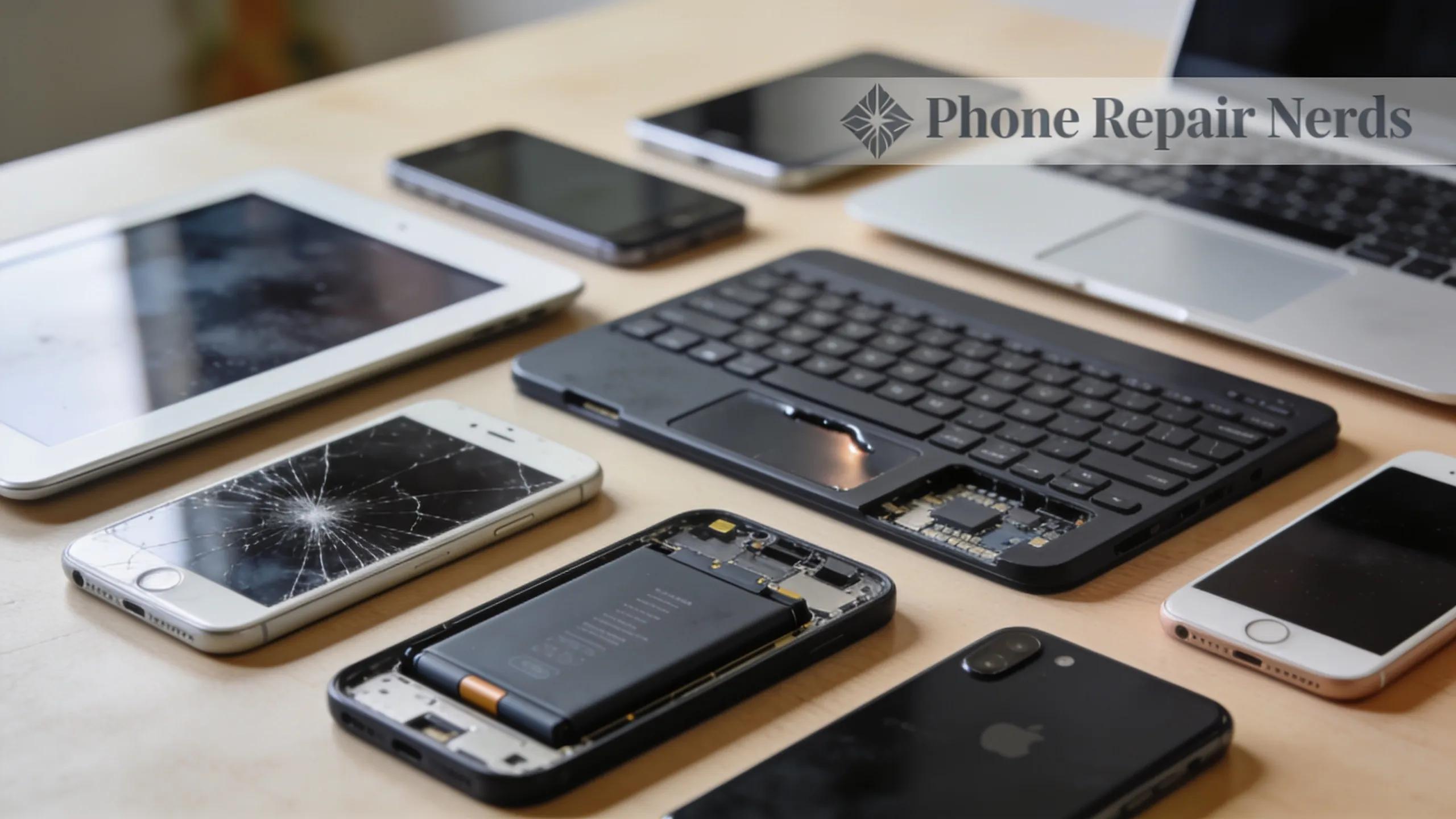 Array of electronic devices including smartphones, tablets, and laptops for repair services