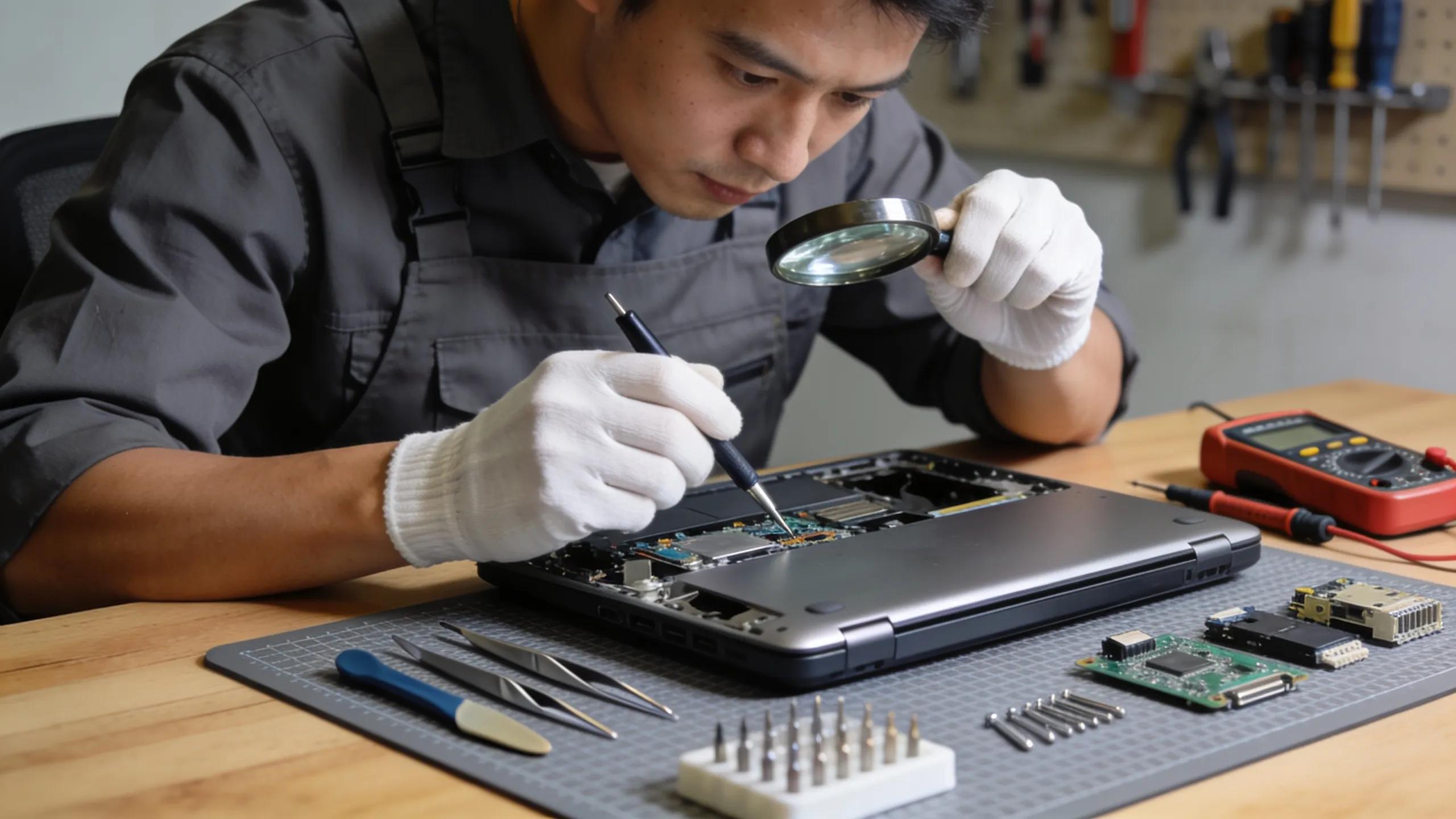 Technician diagnosing a laptop in a repair shop, symbolizing quality customer service in repairs