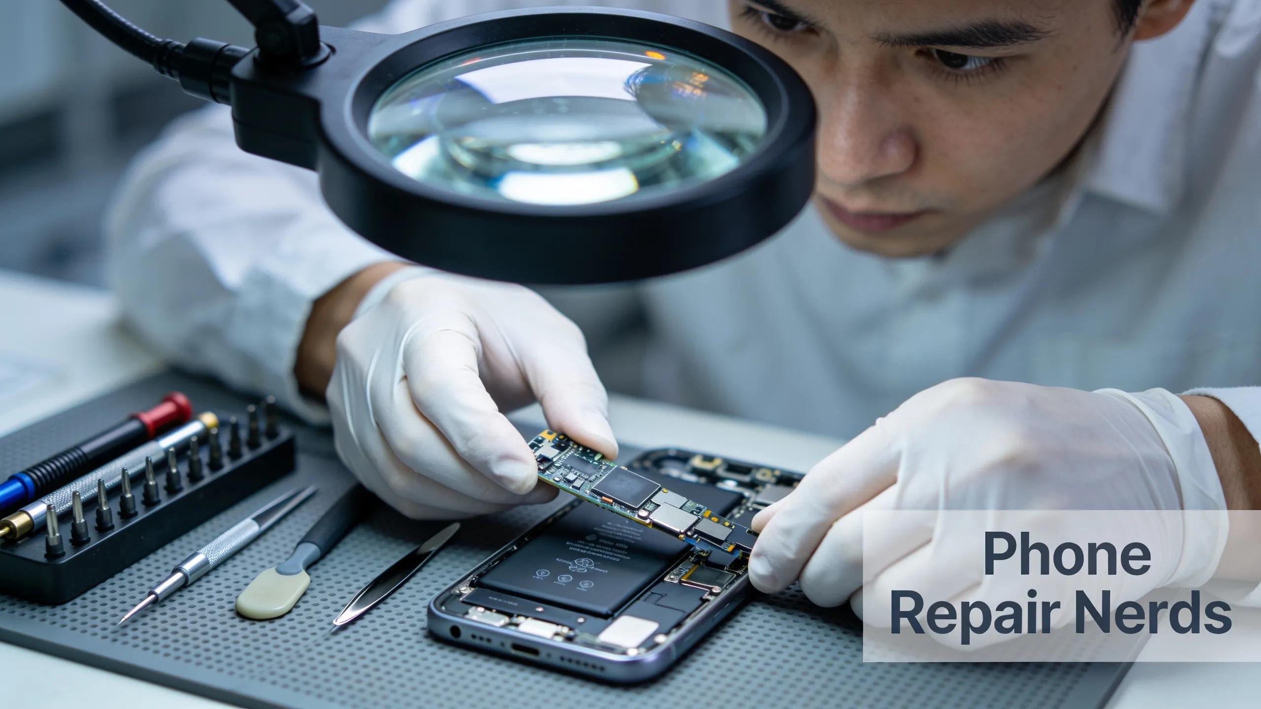 Technician repairing a smartphone with tools and components visible
