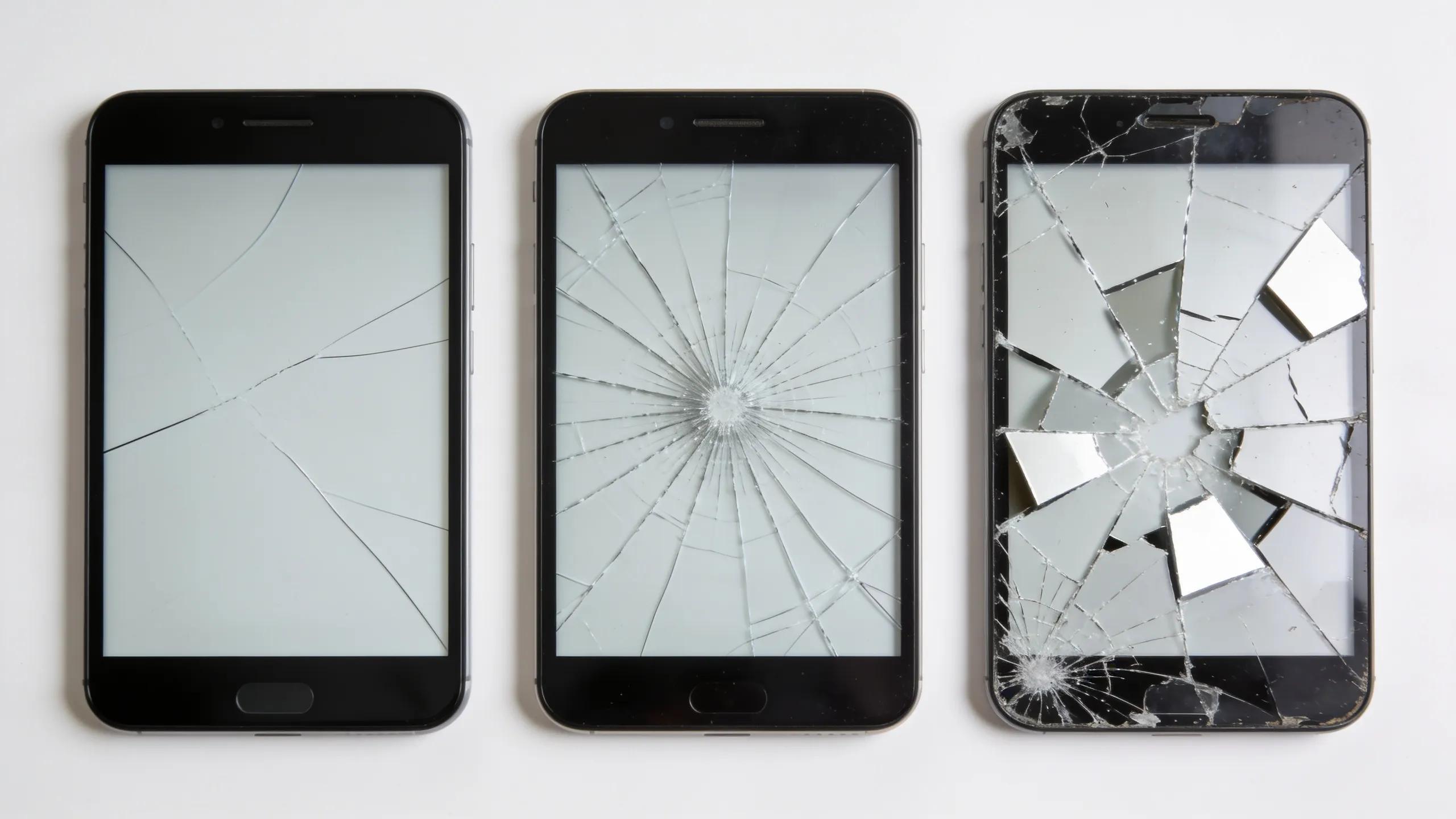 Close-up of various cracked screens showing repairable damage types